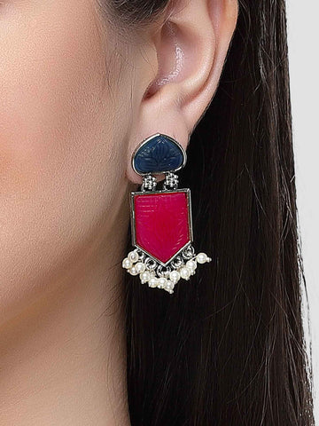 Karatcart Silver Tone Blue & Ruby Pink Carved Stone Studded Drop Earrings for Women