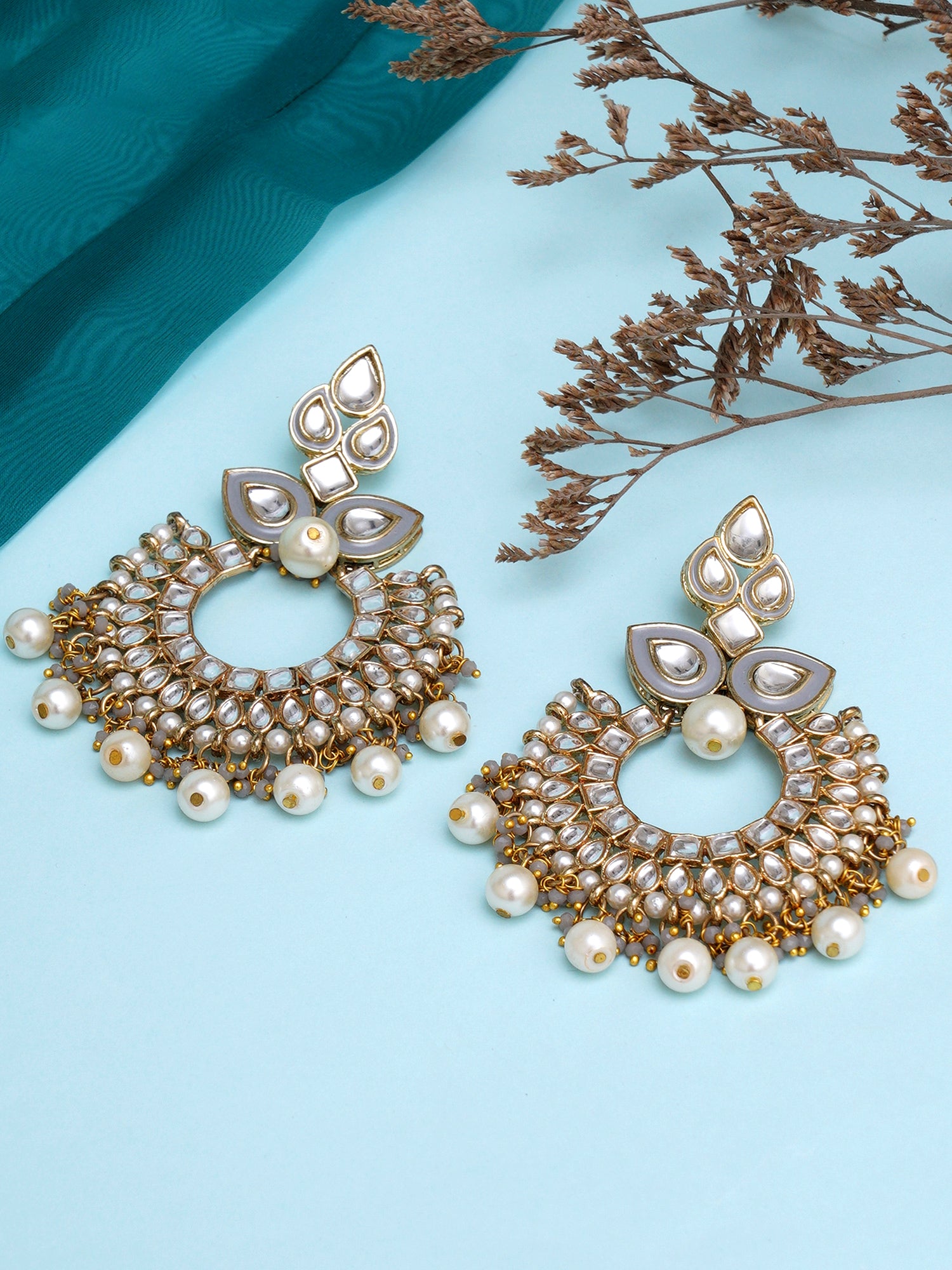 Karatcart Gold Plated Grey Meena Kundan Chandbali Earrings for Women - Image 1