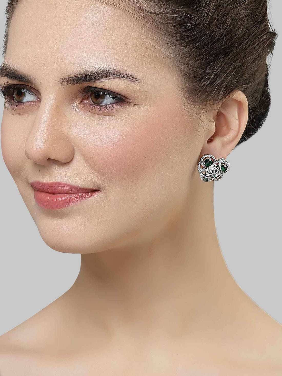 Karatcart Silver Plated Green Cubic Zirconia Floral Design Stud Earrings for Women