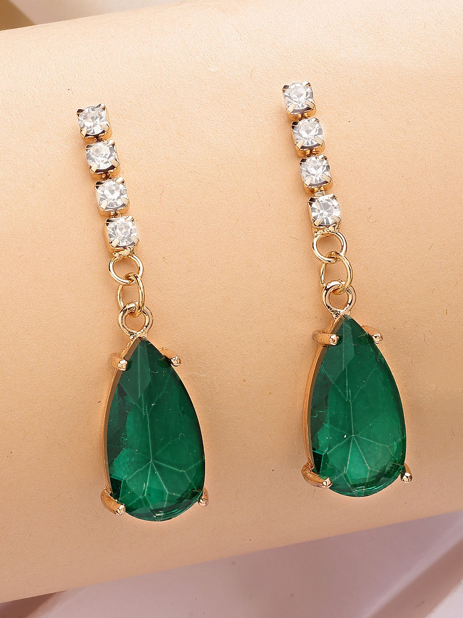 Bohey by KARATCART Gold-Plated Green Cubic Zirconia Studded Drop Earrings for Women