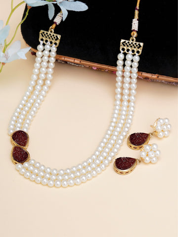 Karatcart Red Stone Studded Pearl Kundan Necklace Set for Women