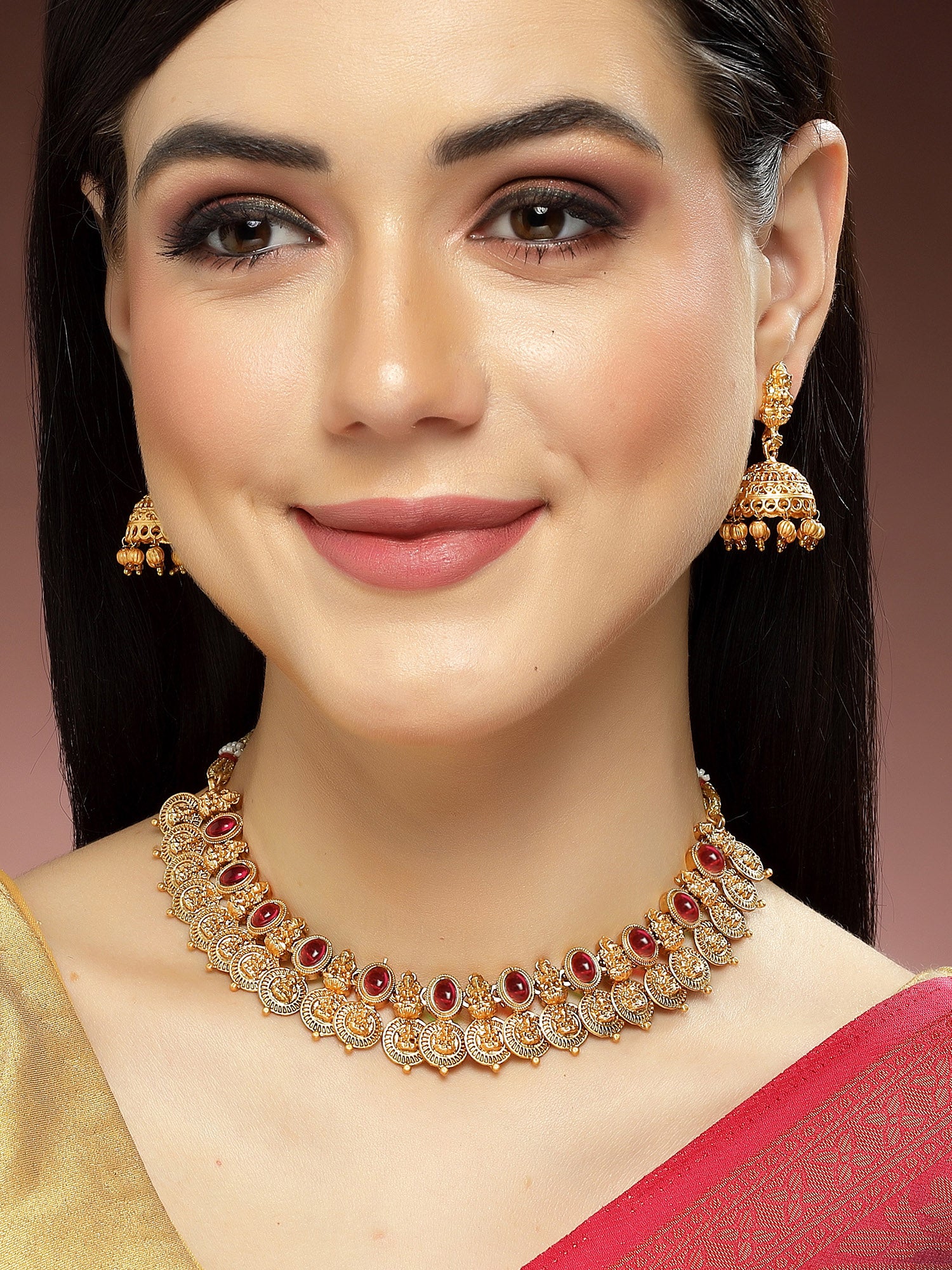 Karatcart Gold Plated Red Stones Classic Laxmi Mata Temple Jewellery Set for Women - Image 1