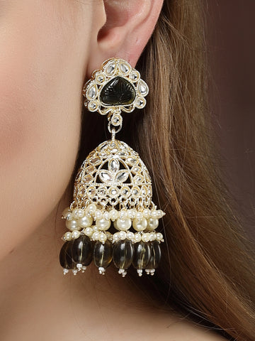 Karatcart Gold Plated Olive Green Stone Studded Kundan Jhumki Earrings for Women