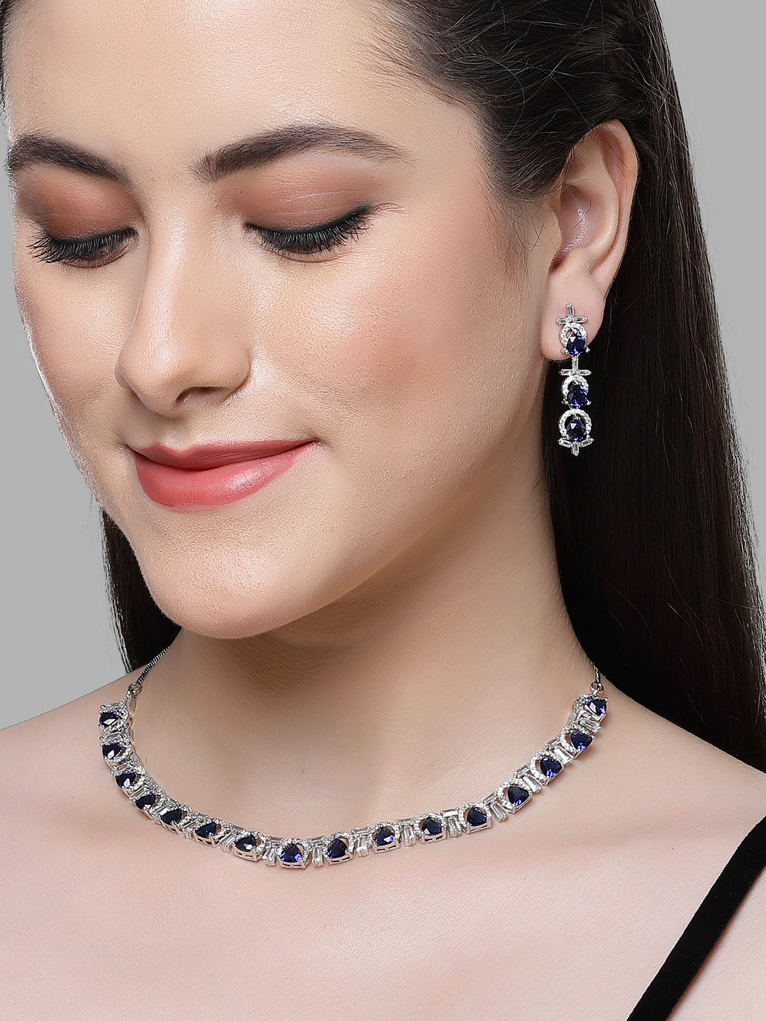 Karatcart Silver Plated Blue Triangular Cubic Zirconia Studded Necklace Set for Women