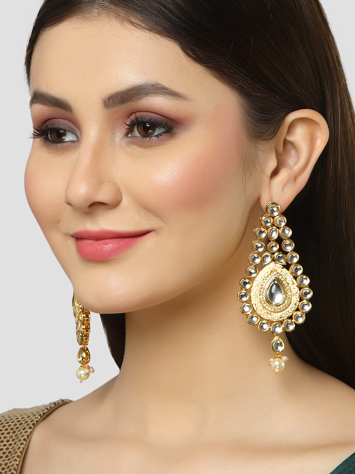 Karatcart Gold Plated Polki Kundan Studded Dangler Earrings for Women - view 2