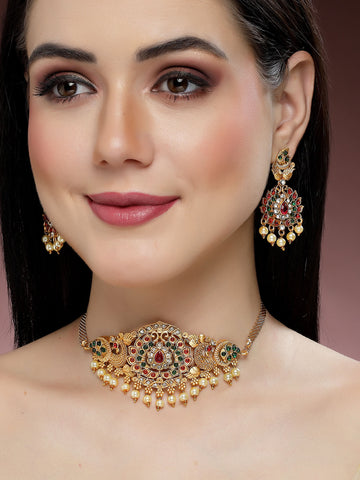 Karatcart Gold Plated Floral Design Choker Temple Jewellery Set for Women