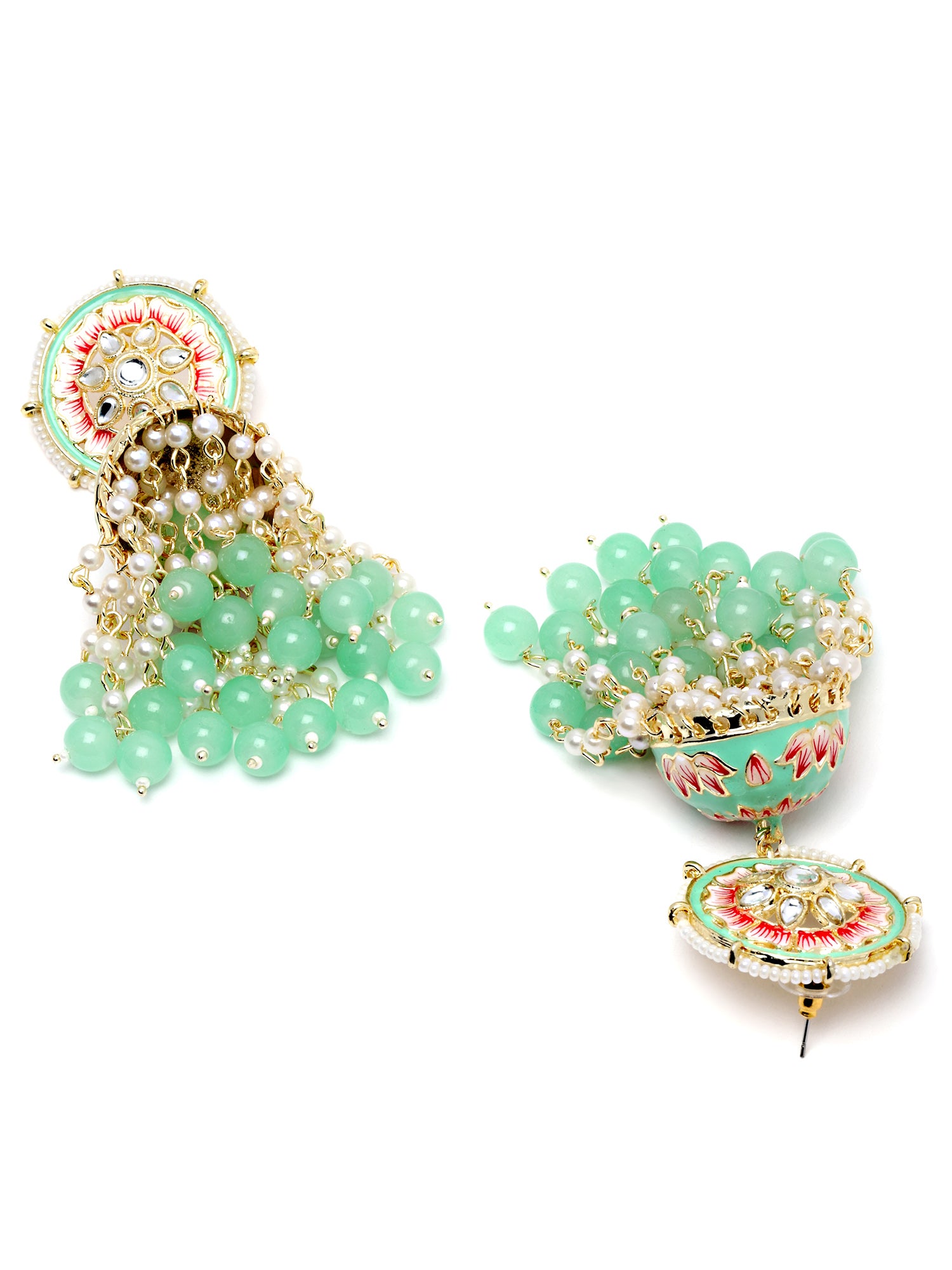 Karatcart Gold Plated Lime Green Meena and Pearl Studded Floral Kundan Jhumki Earrings for Women - view 5