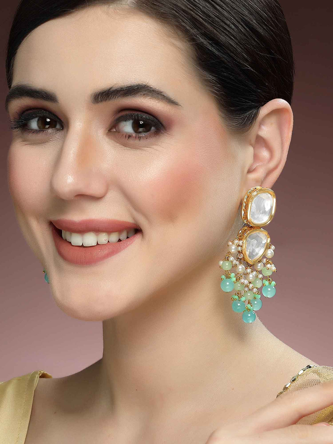 Karatcart Gold Plated Blue Beads Polki Kundan Drop Earrings for Women