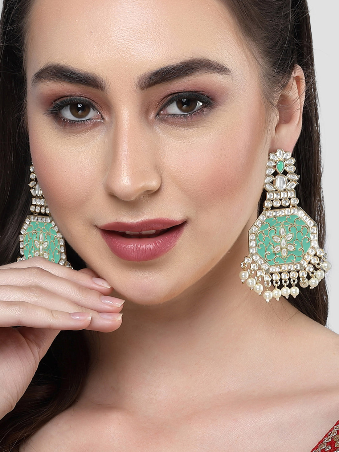 Karatcart Gold Plated Light Blue Meena Kundan Dangler Earrings for Women