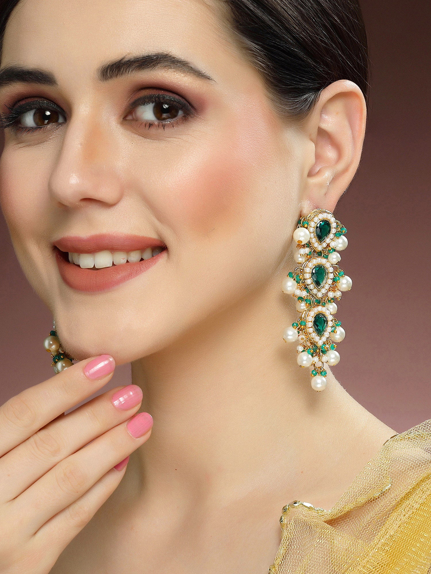 Karatcart Gold Plated Green Dop Crystals and Pearl Studded Kundan Drop Earrings for Women - view 2