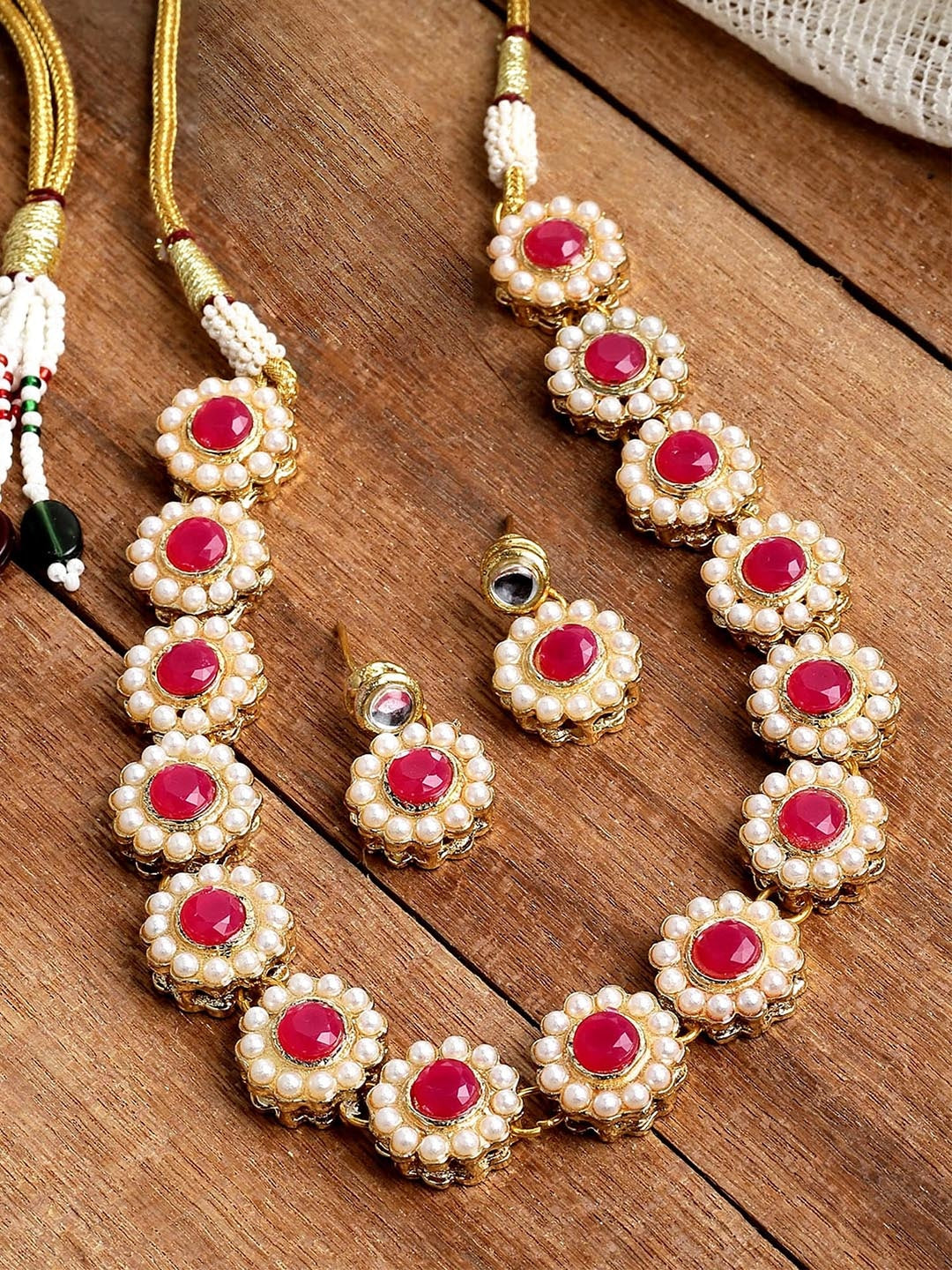 Gold Plated Red Kundan-Studded Jewellery Set