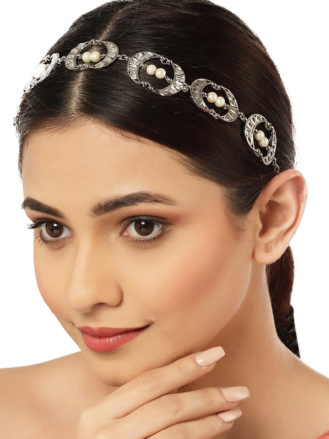 Women Silver-Toned & White Embellished Hairband