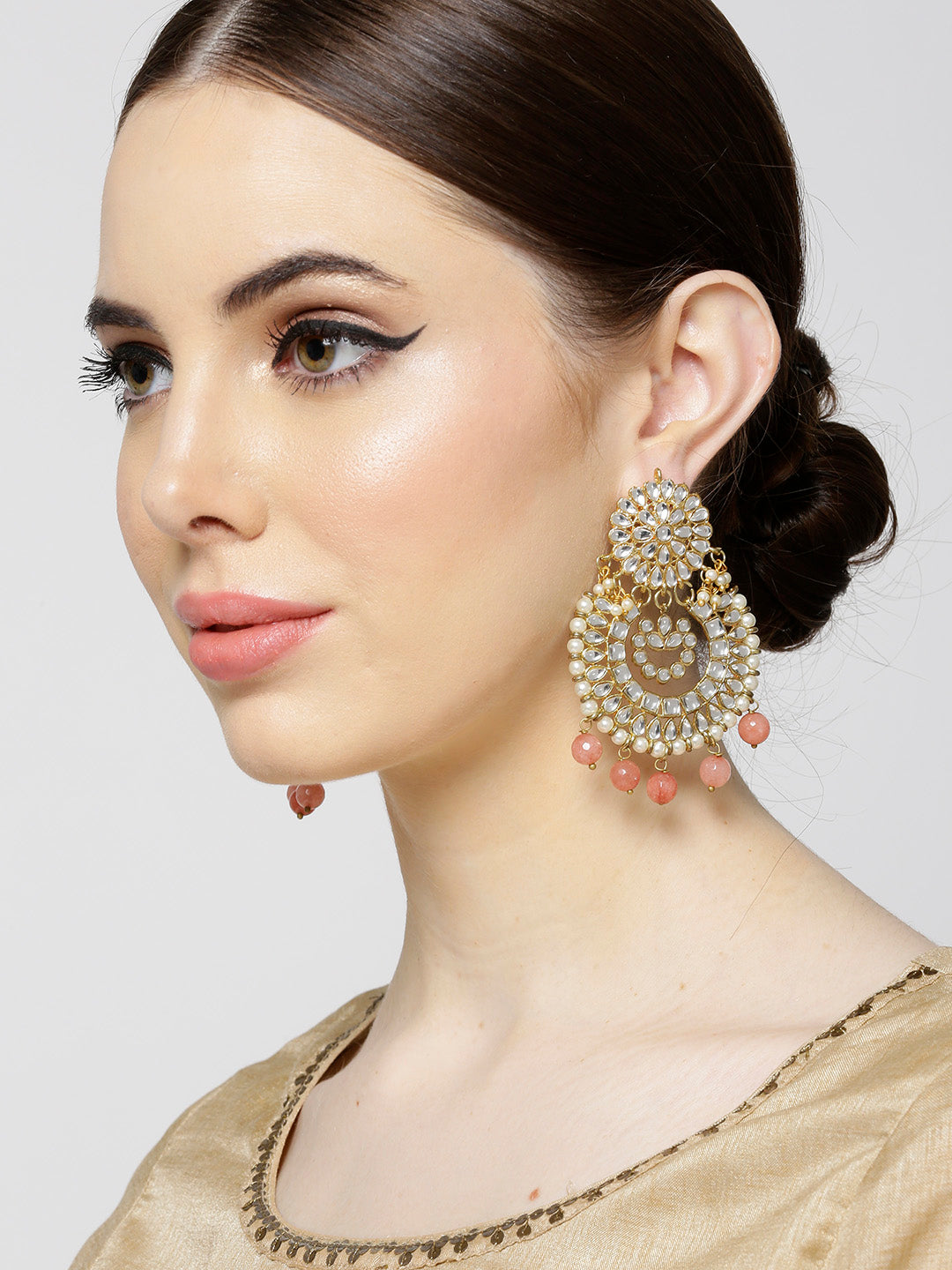 Peach Drops Kundan Chandbali Earrings - view 2