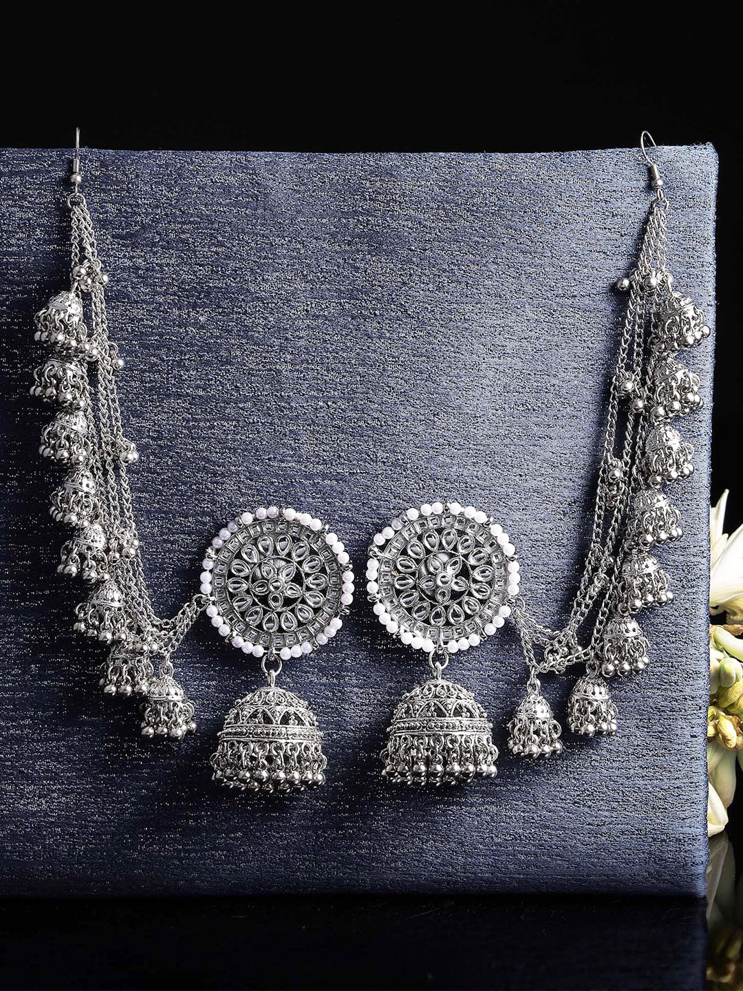 Silver-Toned Floral Jhumkas Earrings