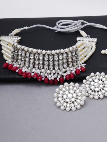 Silver-Plated White Oxidised Kundan-Studded Beaded Jewellery Set