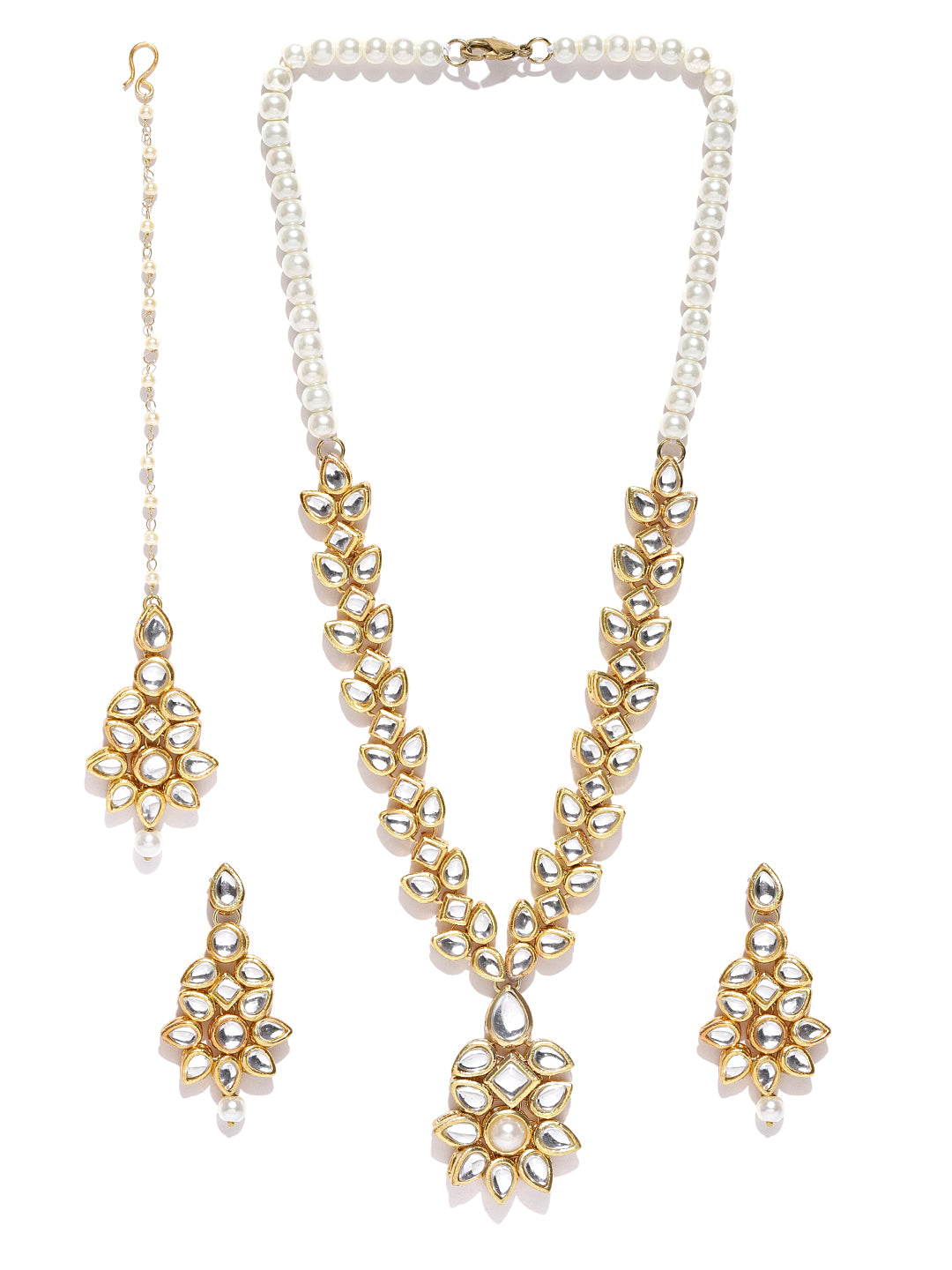 Karatcart Gold-Plated Handcrafted Pearl Beads Kundan Stone-Studded Rani Haar Necklace Set