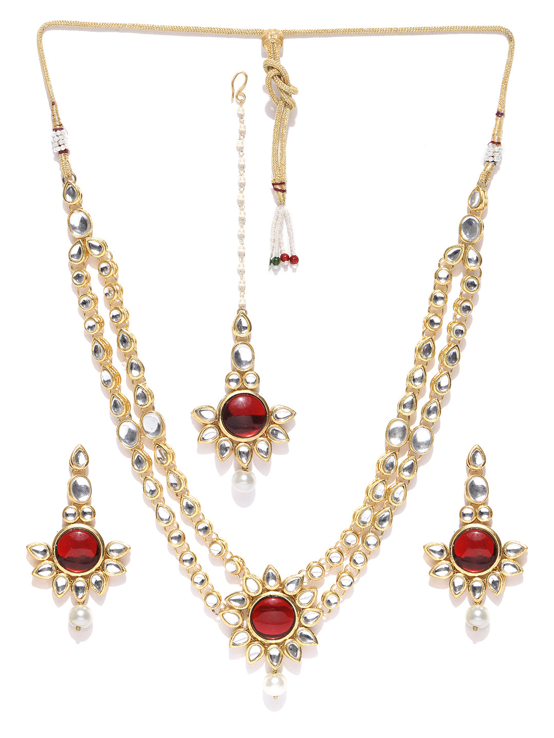 Karatcart Gold-Plated Handcrafted Red Kundan Stone Studded Rani Haar Necklace Set