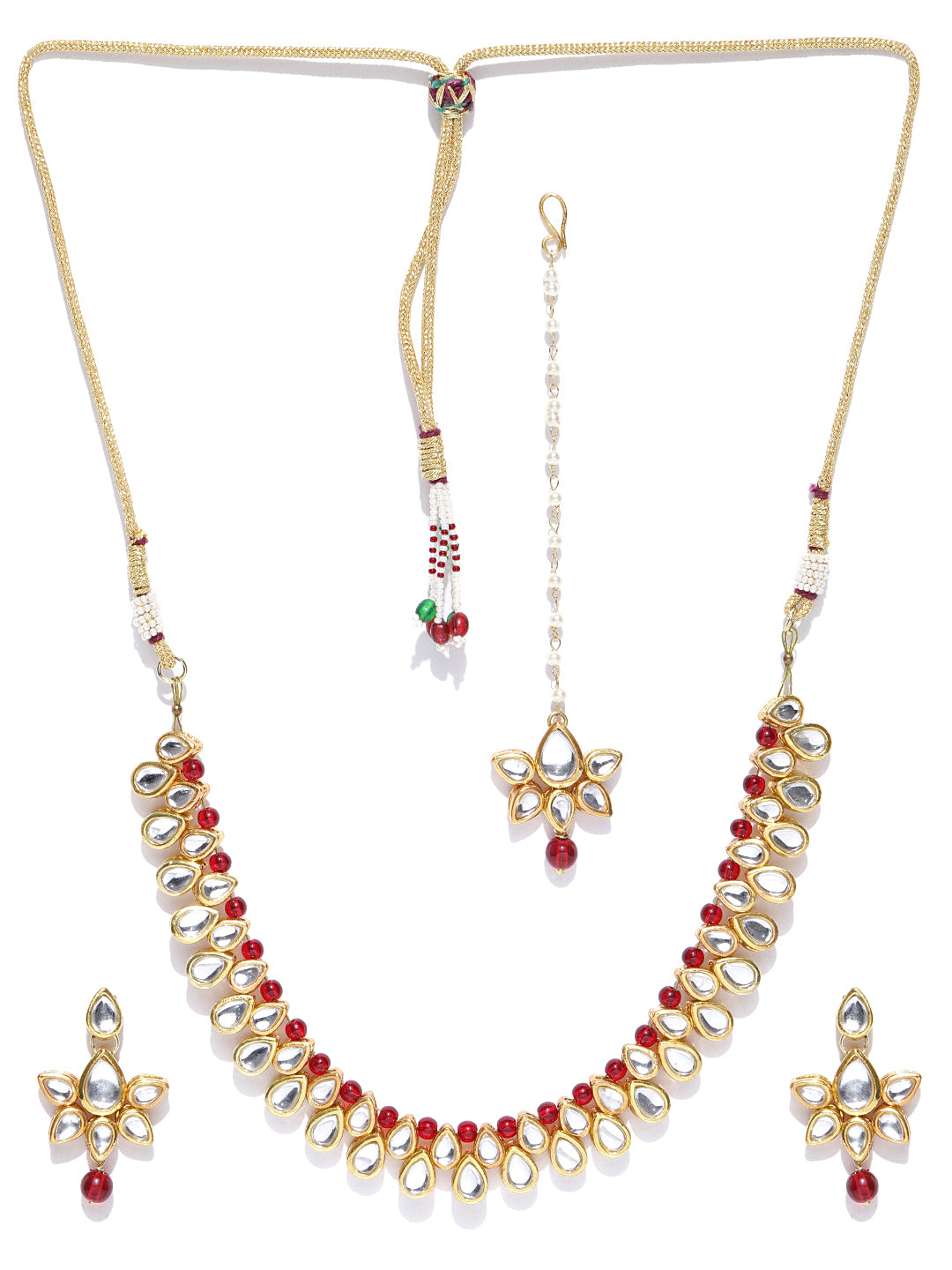 Karatcart Gold-Plated Handcrafted Kundan & Red Beads Studded Necklace Set