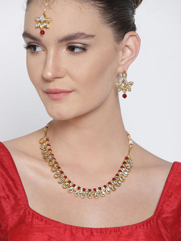 Karatcart Gold-Plated Handcrafted Kundan & Red Beads Studded Necklace Set