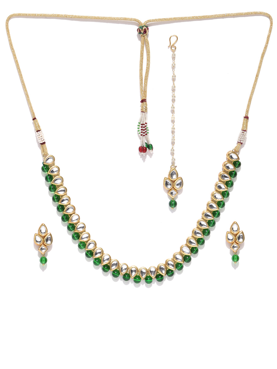 Karatcart Gold-Plated Handcrafted Kundan & Green Beads Studded Choker Necklace Set