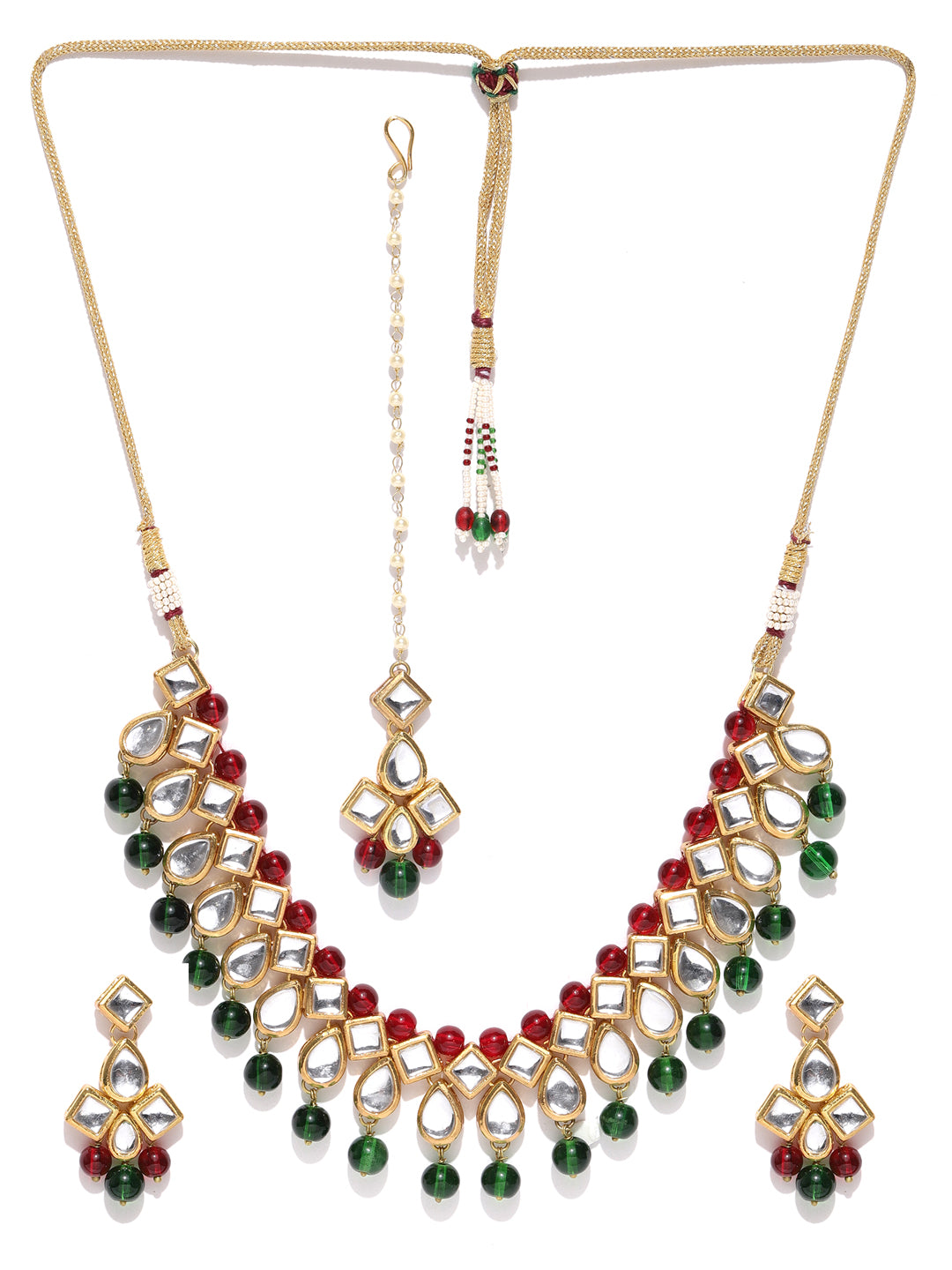 Karatcart Gold-Plated Handcrafted Red & Green Beads Studded Kundan Necklace Set