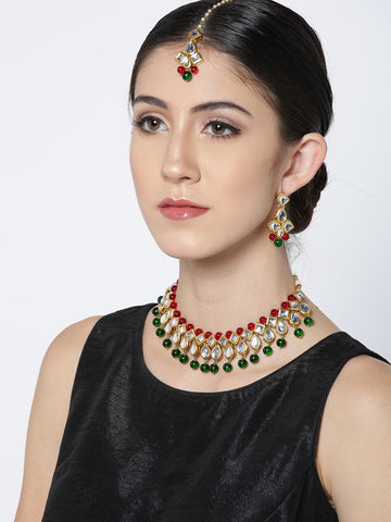 Karatcart Gold-Plated Handcrafted Red & Green Beads Studded Kundan Necklace Set