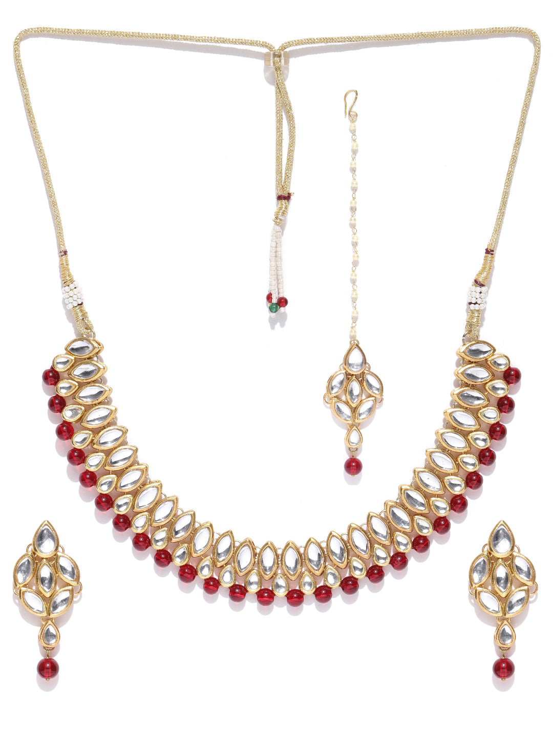 Karatcart Gold-Plated Handcrafted Kundan & Red Beads Studded Necklace Set