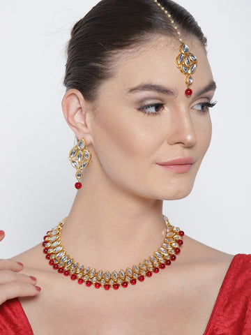 Karatcart Gold-Plated Handcrafted Kundan & Red Beads Studded Necklace Set