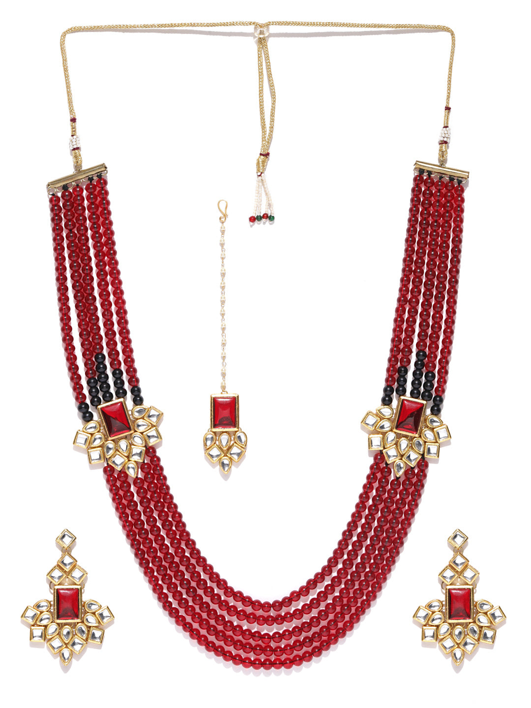 Karatcart Traditional Red Beads Gold-Plated Handcrafted Kundan Rani Haar Necklace Set