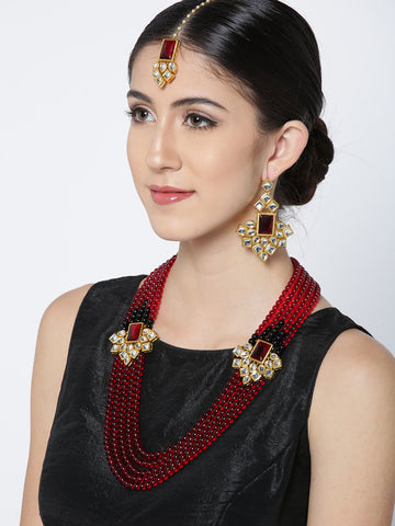 Karatcart Traditional Red Beads Gold-Plated Handcrafted Kundan Rani Haar Necklace Set