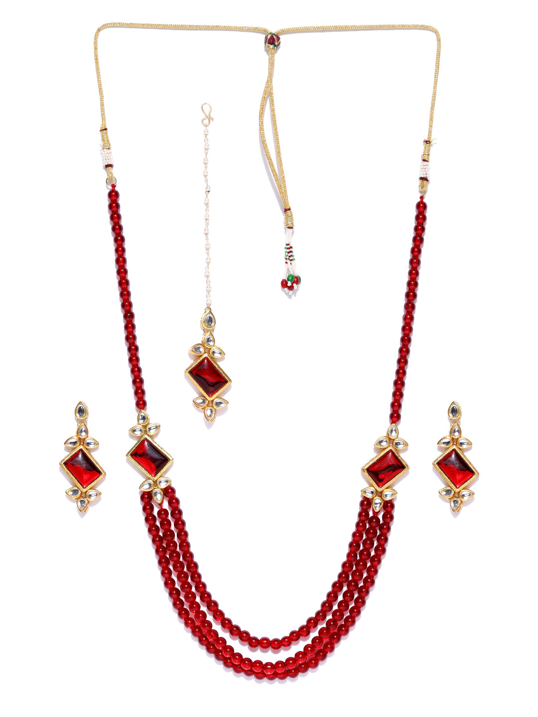 Karatcart Red Gold-Plated Handcrafted Kundan Rani Haar Necklace Set