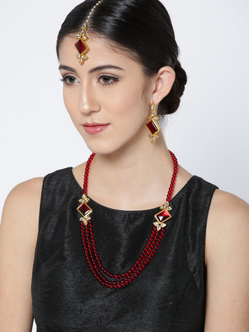 Karatcart Red Gold-Plated Handcrafted Kundan Rani Haar Necklace Set