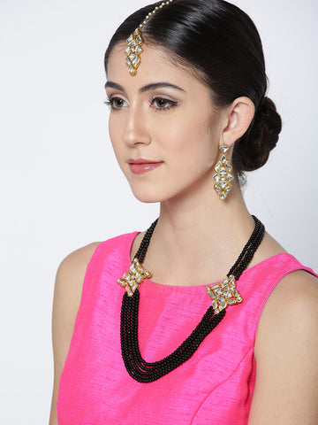 Karatcart Black Gold-Plated Handcrafted Kundan Rani Haar Necklace Set