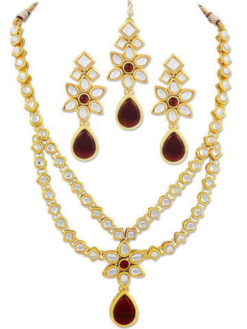 Kundan Layered Red Drop Ethnic Necklace set For Women