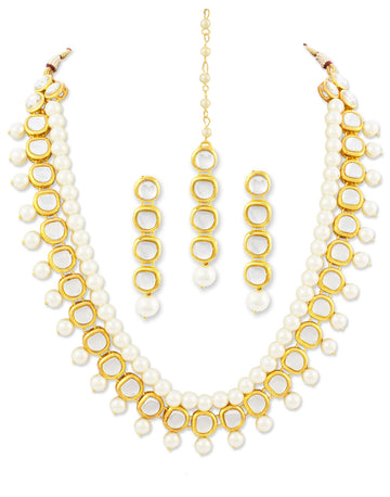 Karatcart 22K GoldPlated Kundan Layered Ethnic White Pearl Drop Rani Haar Necklace Set