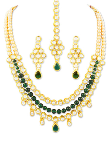 Karatcart 22K GoldPlated Kundan Layered Green Drop Ethnic Rani Haar Necklace Set