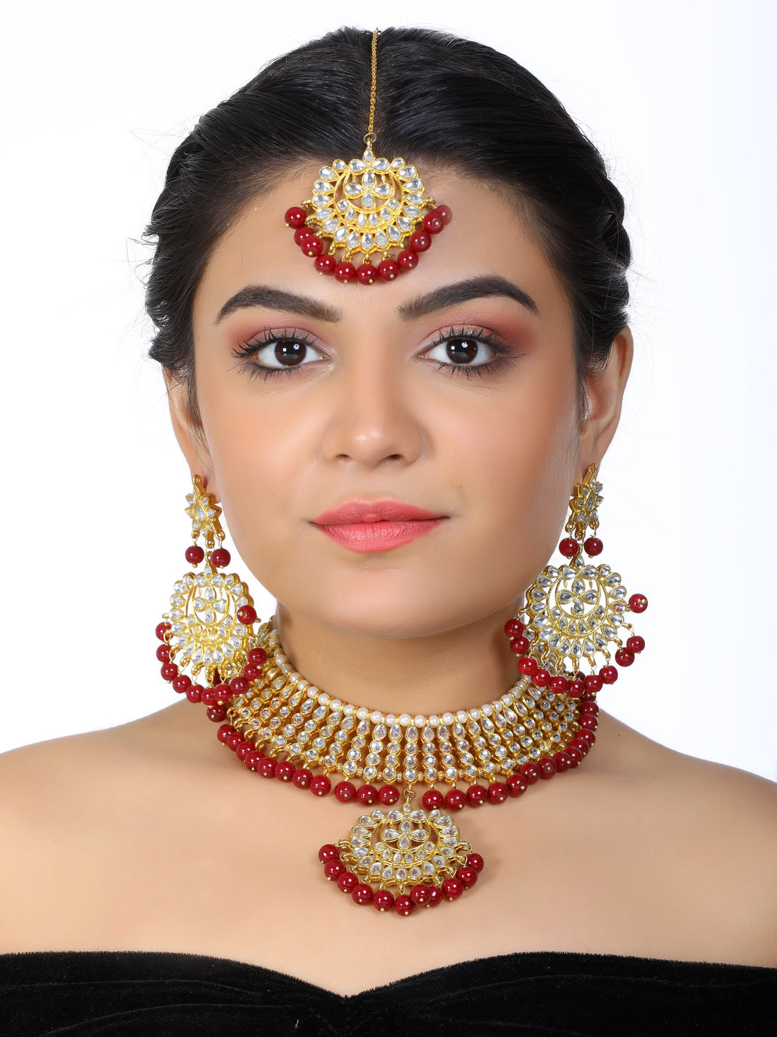 Karatcart 22K GoldPlated Partywear Traditional Kundan Red Choker Jewellery Set