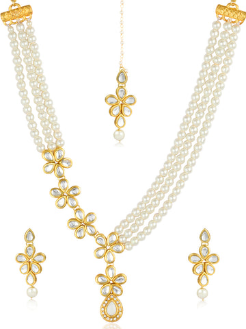 Kundan and Pearl Side Floral Long Necklace