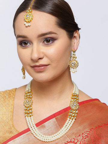 Kundan Layered White Pearl Rani Haar Ethnic Necklace Set