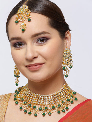 Kundan Choker Necklace set with Green Beads Tassels