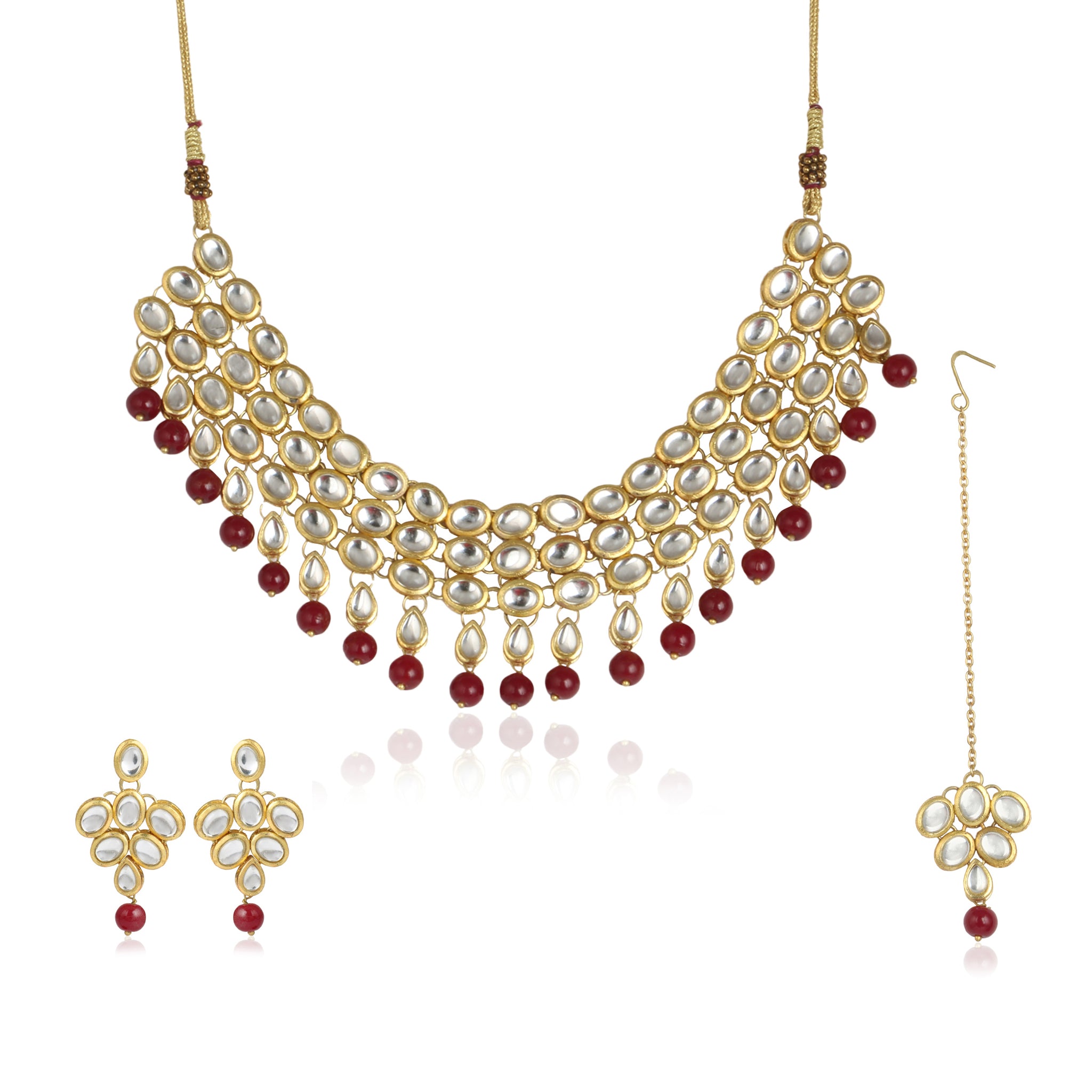 Karatcart 22K GoldPlated Traditional Kundan Pearl Red Choker Necklace Set