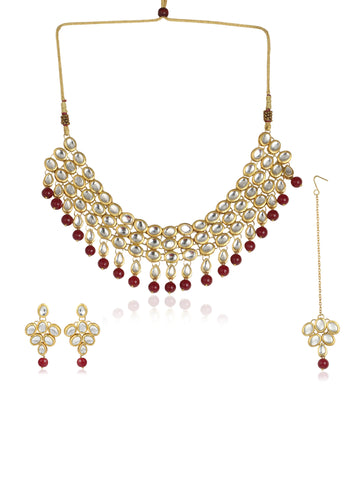 Karatcart 22K GoldPlated Traditional Kundan Pearl Red Choker Necklace Set