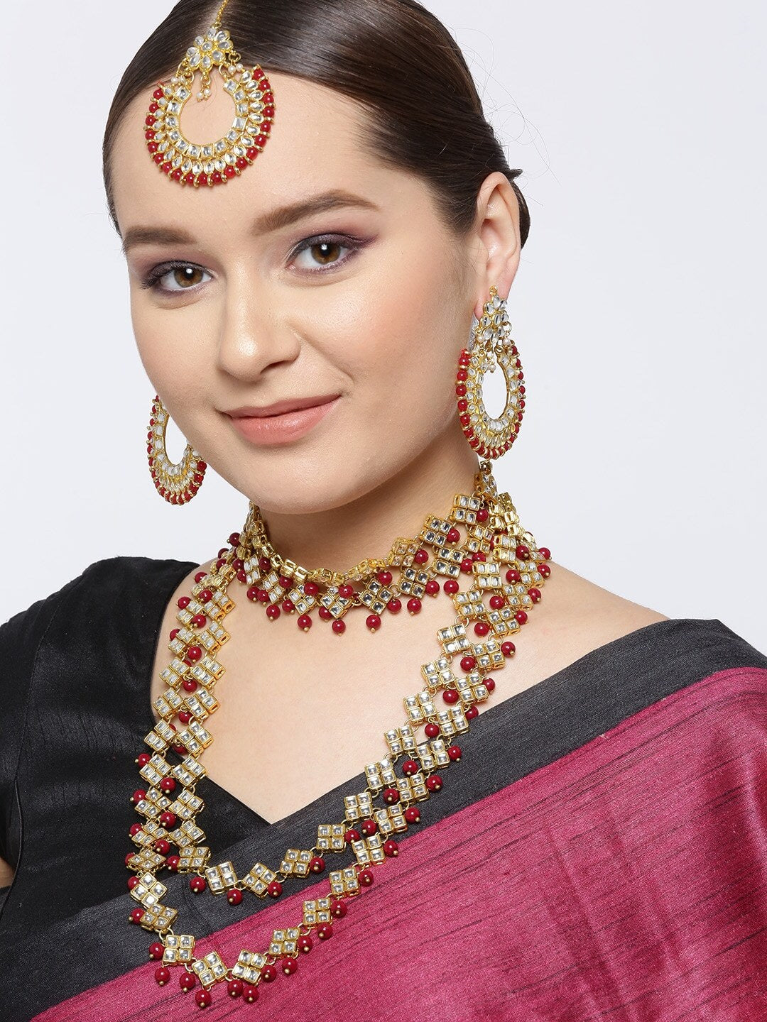 Karatcart Kundan Red Traditional Bridal Necklace Set