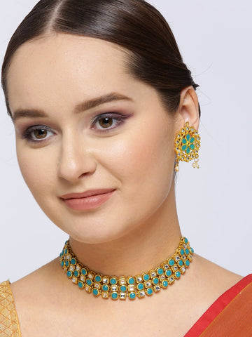 Karatcart  Kundan Blue Stone Choker Necklace Set