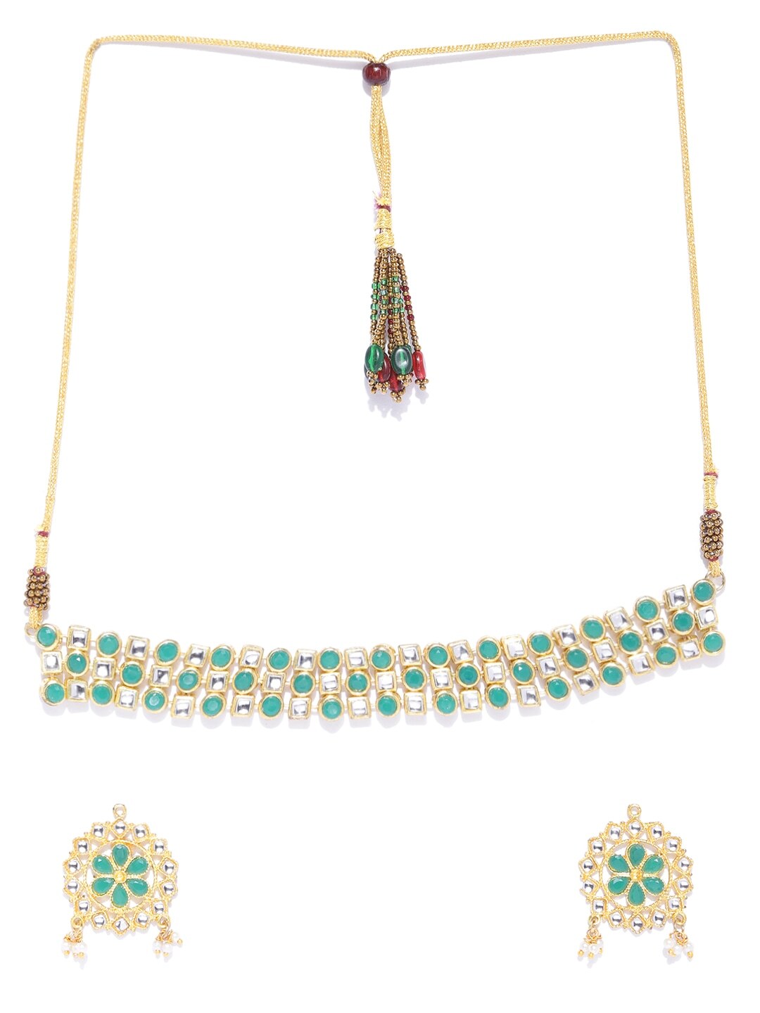 Karatcart Traditional Kundan Choker Set with Green Beads