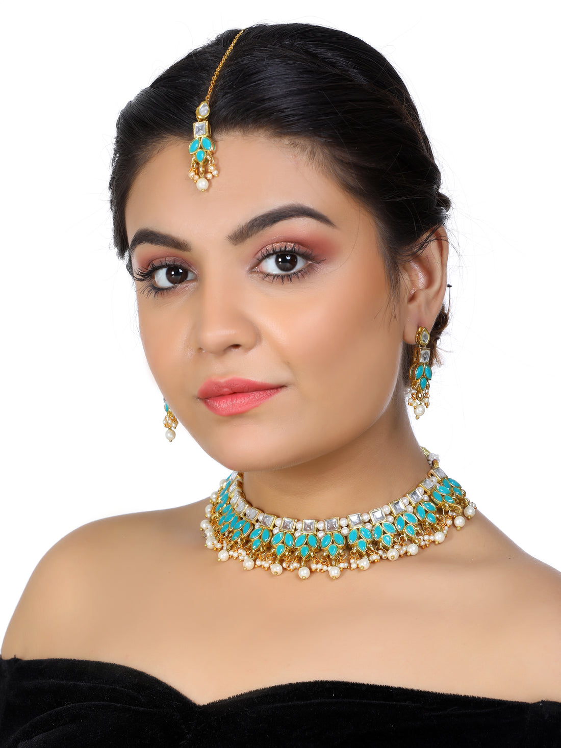 Kundan Blue with White Drop Necklace Set