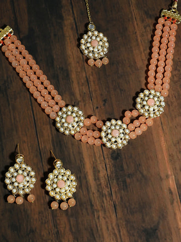 Kundan Peach Beaded Choker Necklace Set