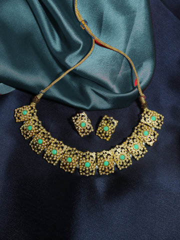 Kundan Green Jadau Embellished Choker Necklace Set with Earrings