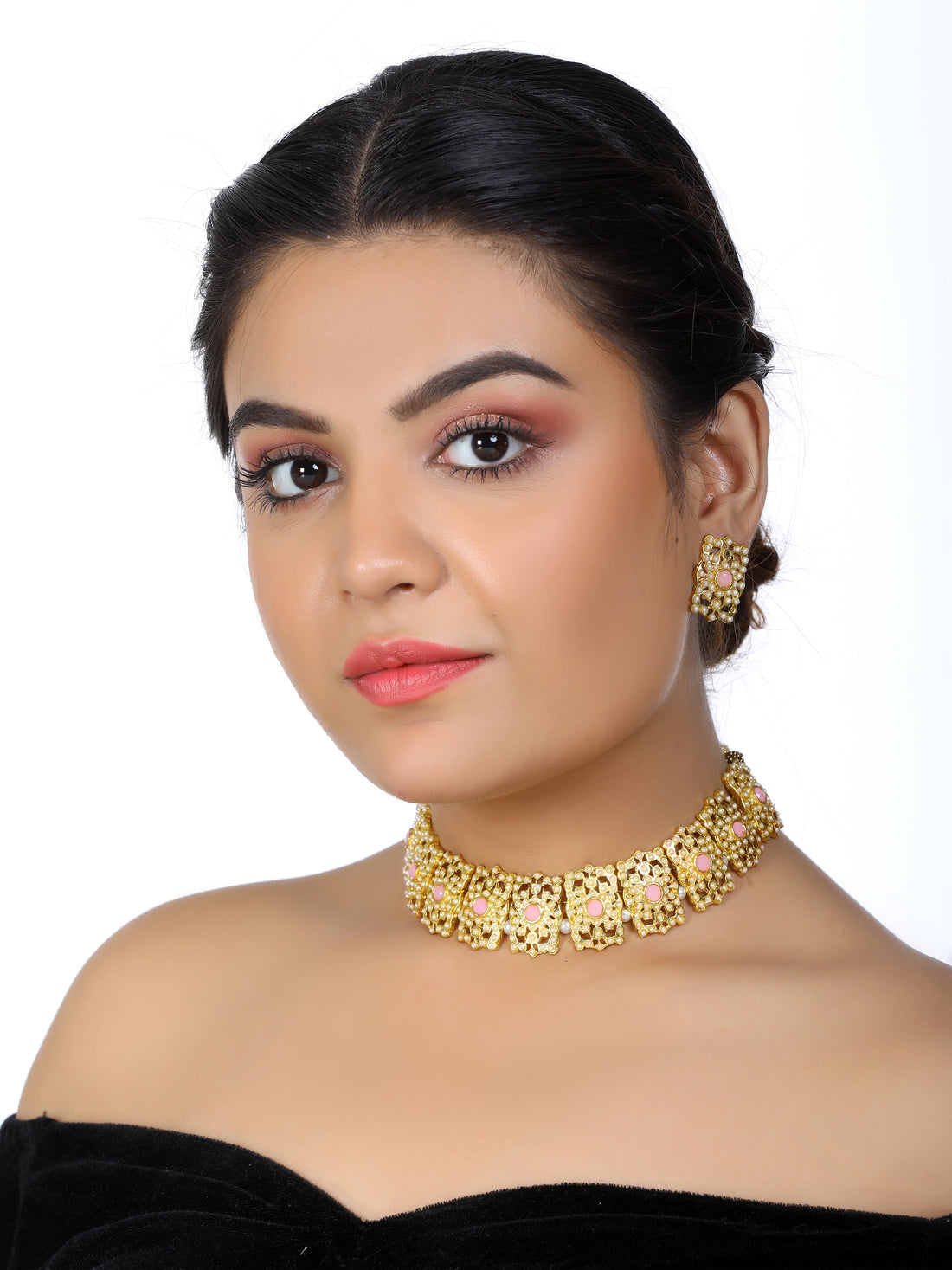 Kundan Pink Jadau Embellished Choker Necklace Set with Earrings