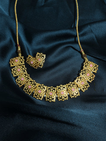 Kundan Pink Jadau Embellished Choker Necklace Set with Earrings